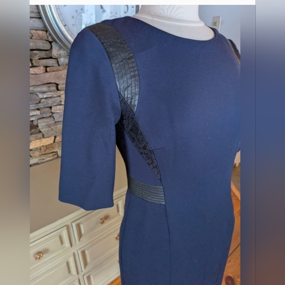 Rebecca Taylor Navy Blue Dress With Leather Accents Short Sleeve Medium